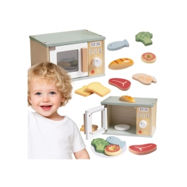 TOOKY TOY Drewniana Kuchenka Mikrofalowa Zestaw Produktów Spożywczych