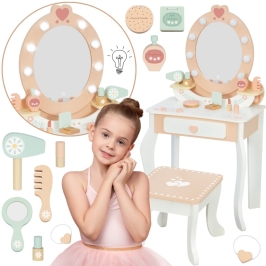 TOOKY TOY Drewniana Toaletka z Krzesełkiem Akcesoria Lustro z Oświetleniem LED + Kosmetyki