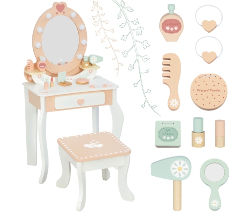TOOKY TOY Drewniana Toaletka z Krzesełkiem Akcesoria Lustro z Oświetleniem LED + Kosmetyki