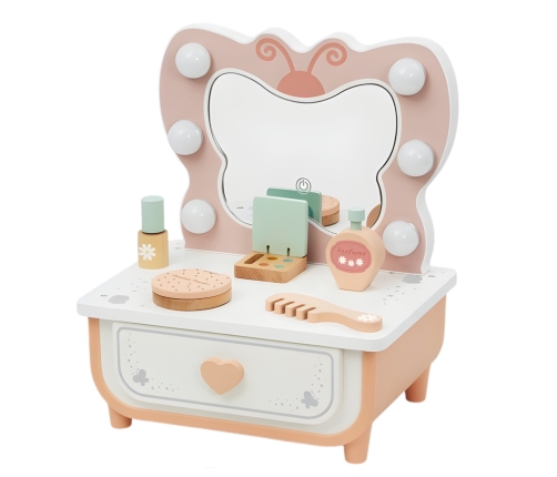 TOOKY TOY Drewniana Toaletka Motyl Akcesoria Lustro z Oświetleniem LED + Kosmetyki
