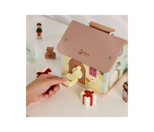 CLASSIC WORLD Drewniany Domek Sensoryczny Edukacyjny z Zamkami Kluczykami 11el.