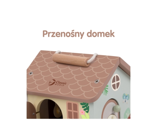 CLASSIC WORLD Drewniany Domek Sensoryczny Edukacyjny z Zamkami Kluczykami 11el.