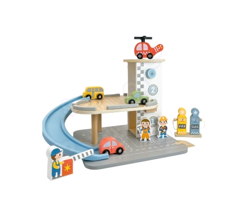 WOOPIE GREEN Drewniany Parking Piętrowy 2w1 Stacja Benzynowa z Autkami i Figurkami 12 el. FSC