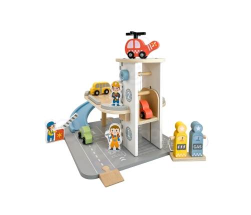 WOOPIE GREEN Drewniany Parking Piętrowy 2w1 Stacja Benzynowa z Autkami i Figurkami 12 el. FSC
