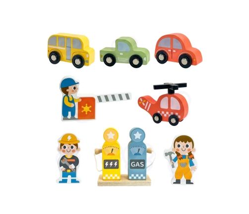 WOOPIE GREEN Drewniany Parking Piętrowy 2w1 Stacja Benzynowa z Autkami i Figurkami 12 el. FSC