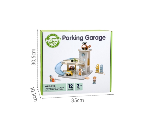 WOOPIE GREEN Drewniany Parking Piętrowy 2w1 Stacja Benzynowa z Autkami i Figurkami 12 el. FSC