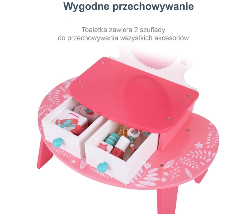 TOOKY TOY Różowa Toaletka Drewniana Do Makijażu z Lustrem