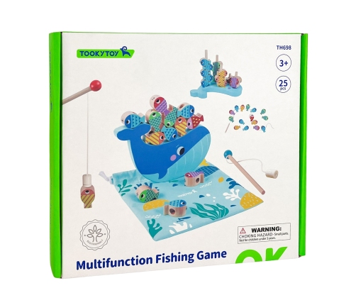 TOOKY TOY Drewniana Gra Wieloryb i Rybki Wielofunkcyjna 4 w 1