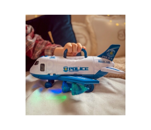 WOOPIE Samolot Rozkładany Transporter Policja z 3 Autami Policyjnymi Zestaw XL Znaki Drogowe