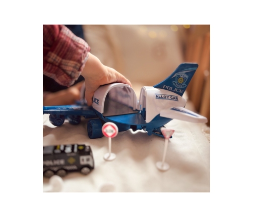 WOOPIE Samolot Rozkładany Transporter Policja z 3 Autami Policyjnymi Zestaw XL Znaki Drogowe