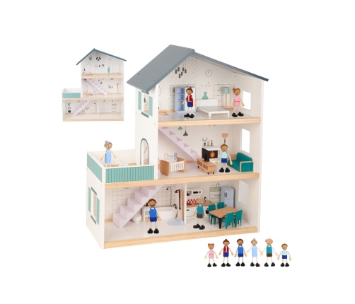 TOOKY TOY Duży Drewniany Domek dla Lalek + Figurki FSC