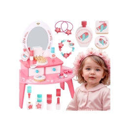 TOOKY TOY Różowa Toaletka Drewniana Do Makijażu z Lustrem