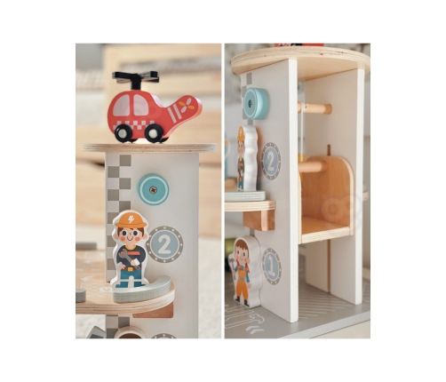 WOOPIE GREEN Drewniany Parking Piętrowy 2w1 Stacja Benzynowa z Autkami i Figurkami 12 el. FSC