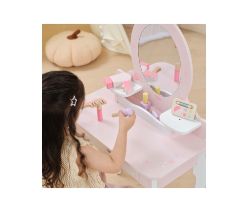 VIGA Duża Toaletka Drewniana Biało-Różowa z Lustrem i Krzesełkiem