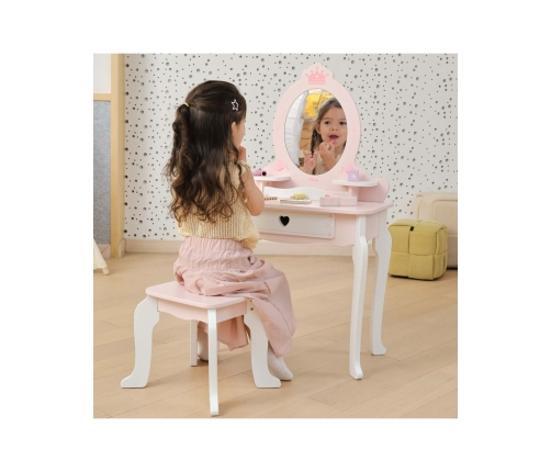 VIGA Duża Toaletka Drewniana Biało-Różowa z Lustrem i Krzesełkiem