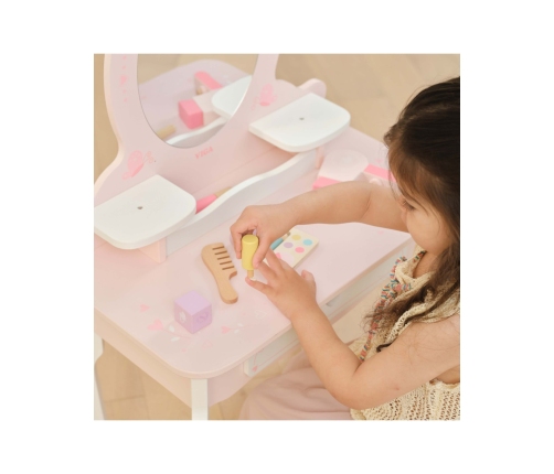 VIGA Duża Toaletka Drewniana Biało-Różowa z Lustrem i Krzesełkiem