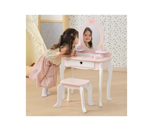 VIGA Duża Toaletka Drewniana Biało-Różowa z Lustrem i Krzesełkiem