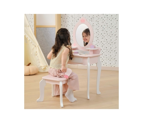VIGA Duża Toaletka Drewniana Biało-Różowa z Lustrem i Krzesełkiem