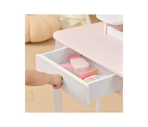 VIGA Duża Toaletka Drewniana Biało-Różowa z Lustrem i Krzesełkiem