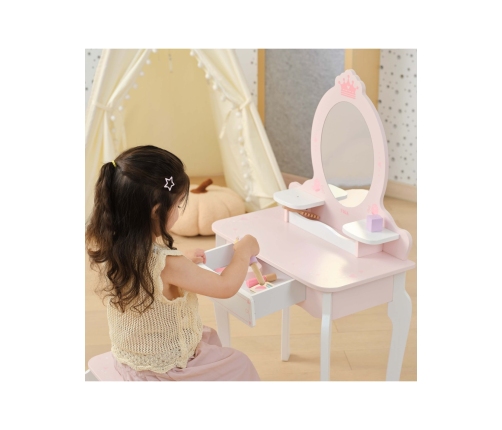 VIGA Duża Toaletka Drewniana Biało-Różowa z Lustrem i Krzesełkiem