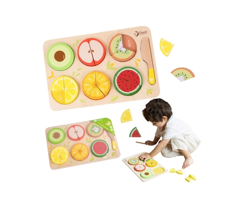 CLASSIC WORLD Drewniane Owoce do Krojenia na Rzepy + Nauka Ułamków i Dzielenia MONTESSORI 23 el.