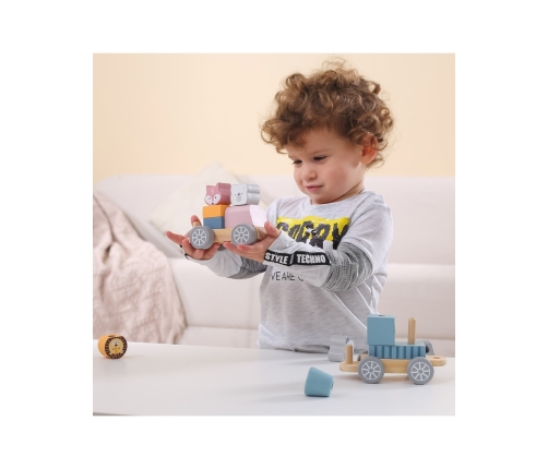 VIGA PolarB Drewniana Kolejka z wagonikami i zwierzątkami do ciągnięcia Montessori