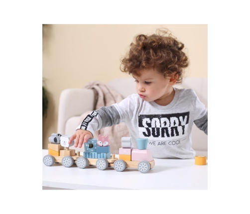 VIGA PolarB Drewniana Kolejka z wagonikami i zwierzątkami do ciągnięcia Montessori