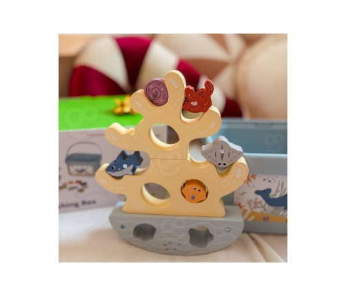 TOOKY TOY Drewniany Zestaw Morskich Zabawek Wieża Balansująca Łowienie Ryb Figurki 23 Elementy