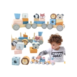 VIGA PolarB Drewniana Kolejka z wagonikami i zwierzątkami do ciągnięcia Montessori