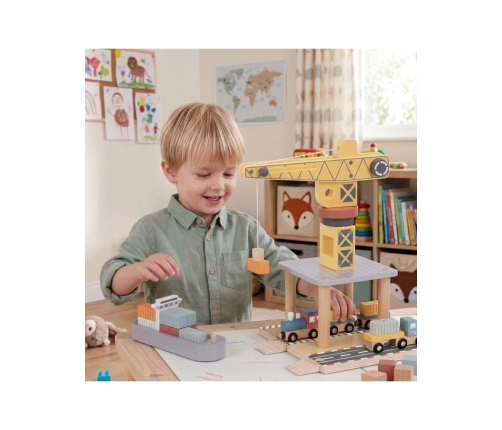 TOOKY TOY Dźwig Portowy Drewniany Zestaw