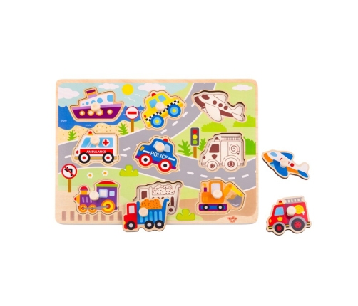 TOOKY TOY Drewniane Puzzle Montessori Transport Pojazdy z Pinezkami Do Dopasowania