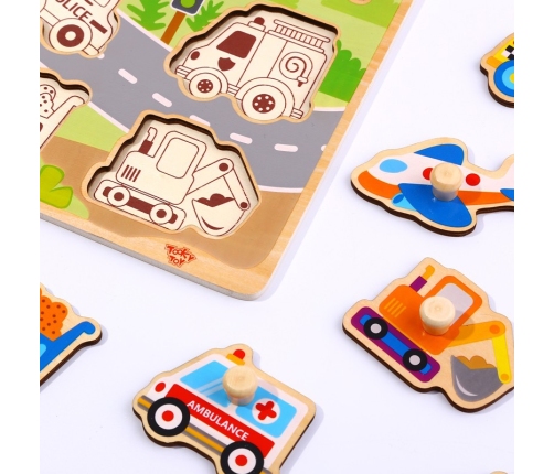 TOOKY TOY Drewniane Puzzle Montessori Transport Pojazdy z Pinezkami Do Dopasowania