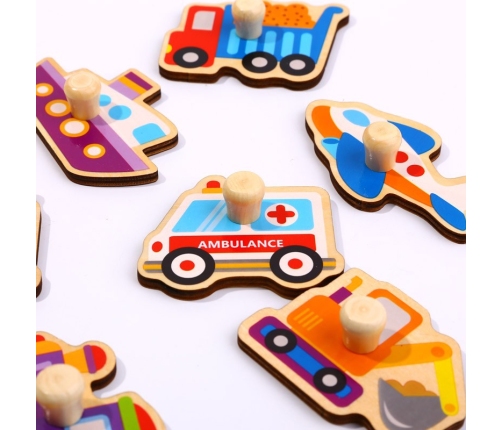 TOOKY TOY Drewniane Puzzle Montessori Transport Pojazdy z Pinezkami Do Dopasowania