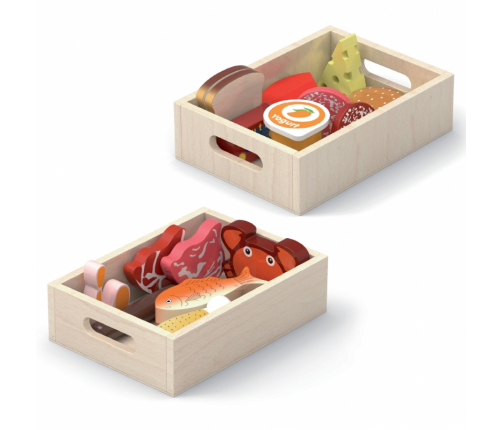 VIGA Drewniany Zestaw Artykułów Spożywczych w Skrzynkach Śniadanie Ryby Mięso Nabiał