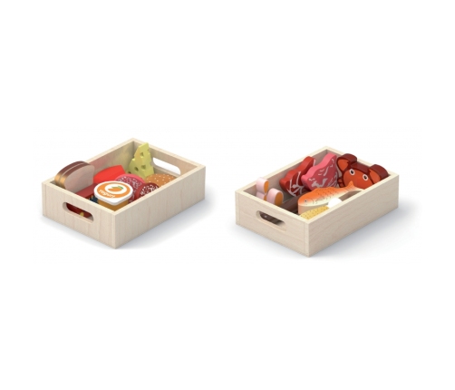 VIGA Drewniany Zestaw Artykułów Spożywczych w Skrzynkach Śniadanie Ryby Mięso Nabiał