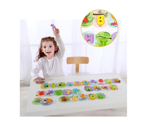 TOOKY TOY Drewniane Puzzle Montessori Układanka Nauka Alfabetu Liter Słów Alfabet Grube Klocki 26 el.