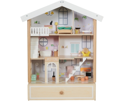 Classic World Duży Drewniany Domek dla Lalek 2 Figurki NATURALNE DREWNO 28 el.