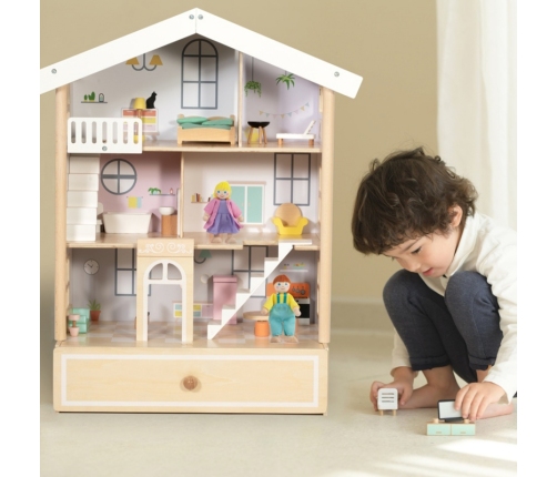 Classic World Duży Drewniany Domek dla Lalek 2 Figurki NATURALNE DREWNO 28 el.