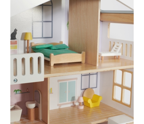 Classic World Duży Drewniany Domek dla Lalek 2 Figurki NATURALNE DREWNO 28 el.