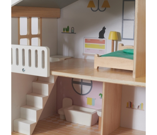 Classic World Duży Drewniany Domek dla Lalek 2 Figurki NATURALNE DREWNO 28 el.