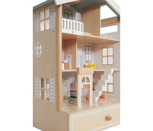 Classic World Duży Drewniany Domek dla Lalek 2 Figurki NATURALNE DREWNO 28 el.