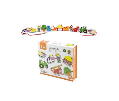 VIGA Drewniana Przeplatanka Klocki Farma do Nawlekania Montessori