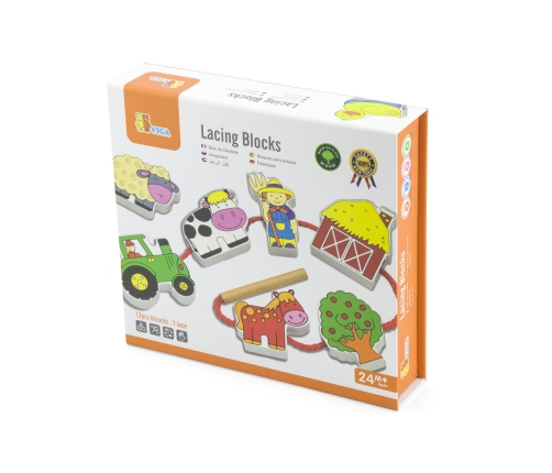 VIGA Drewniana Przeplatanka Klocki Farma do Nawlekania Montessori