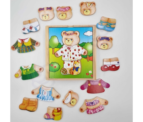 VIGA Drewniana Układanka Logiczna Puzzle Ubierz Misia Dziewczynkę