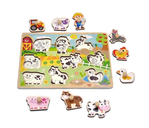 TOOKY TOY Drewniane Puzzle Montessori Farma z Pinezkami Do Dopasowania