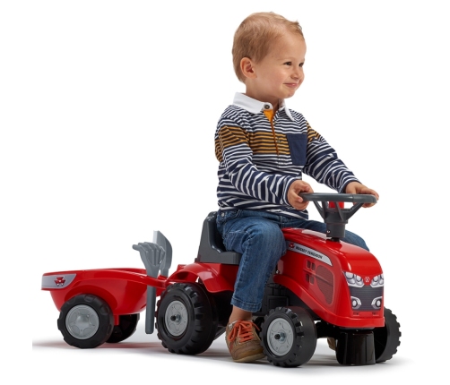 FALK Traktorek Baby Massey Ferguson Czerwony z Przyczepką + akc. Od 1 roku