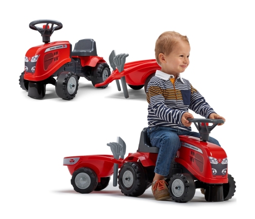 FALK Traktorek Baby Massey Ferguson Czerwony z Przyczepką + akc. Od 1 roku