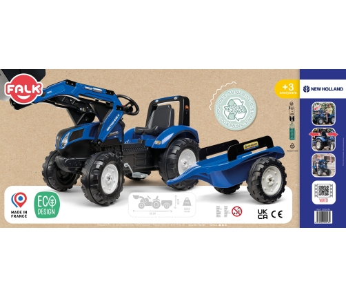 Traktors ar pedāļiem ar kausu un piekabi FALK New Holland Blue