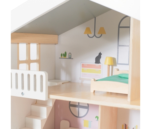 Classic World Duży Drewniany Domek dla Lalek 2 Figurki NATURALNE DREWNO 28 el.