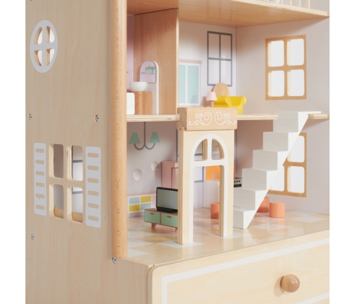 Classic World Duży Drewniany Domek dla Lalek 2 Figurki NATURALNE DREWNO 28 el.